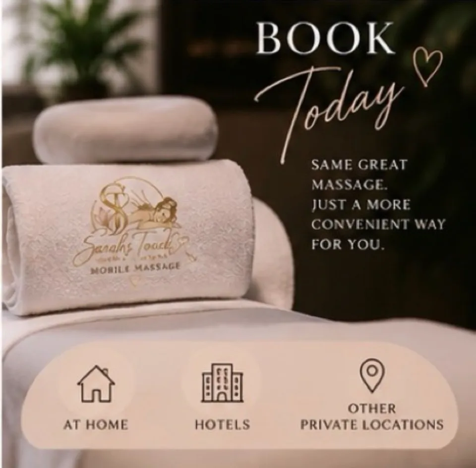 Sarah’s Touch mobile massage marketing featuring fresh linens, a massage table, and home and hotel service options
