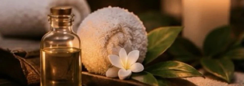 Sarah’s Touch spa-inspired massage oils, fresh towels, and flowers in warm candlelight